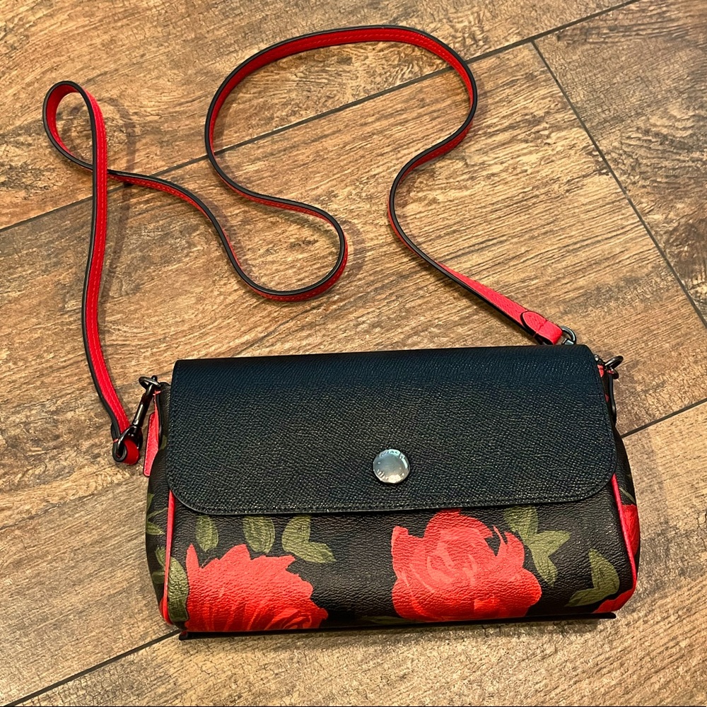 *NEW* Coach Camo Rose Black/Red Reversible Crossbody/Clutch